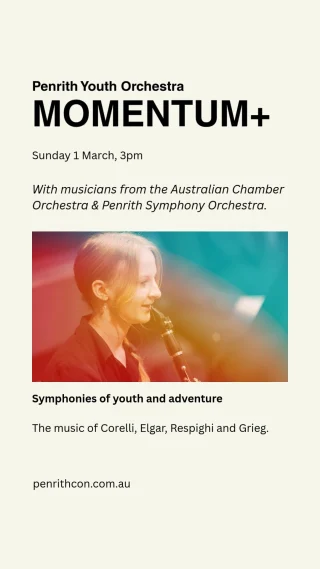 𝗣𝗲𝗻𝗿𝗶𝘁𝗵 𝗬𝗼𝘂𝘁𝗵 𝗢𝗿𝗰𝗵𝗲𝘀𝘁𝗿𝗮 𝗶𝘀 𝗯𝗮𝗰𝗸 𝗳𝗼𝗿 𝗮 𝗯𝗿𝗶𝗹𝗹𝗶𝗮𝗻𝘁 𝘆𝗲𝗮𝗿, 𝗸𝗶𝗰𝗸𝗶𝗻𝗴 𝗼𝗳𝗳 𝘄𝗶𝘁𝗵 𝗠𝗼𝗺𝗲𝗻𝘁𝘂𝗺+ 𝗮𝗹𝗼𝗻𝗴𝘀𝗶𝗱𝗲 𝗺𝘂𝘀𝗶𝗰𝗶𝗮𝗻𝘀 𝗳𝗿𝗼𝗺 𝘁𝗵𝗲 𝗔𝘂𝘀𝘁𝗿𝗮𝗹𝗶𝗮𝗻 𝗖𝗵𝗮𝗺𝗯𝗲𝗿 𝗢𝗿𝗰𝗵𝗲𝘀𝘁𝗿𝗮 𝗮𝗻𝗱 𝗣𝗲𝗻𝗿𝗶𝘁𝗵 𝗦𝘆𝗺𝗽𝗵𝗼𝗻𝘆 𝗢𝗿𝗰𝗵𝗲𝘀𝘁𝗿𝗮.  📍 Concert Hall, The Joan
🗓️ Sunday 1 March 2026, 3pm
🎟️ Tickets available now - link in bio