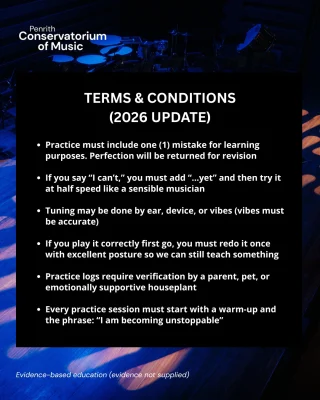 🚨 Important Notice (1 April) 🚨  Following an extensive review of educational best practice, Penrith Con has updated its learning guidelines.  Please read carefully.
Normal rules will resume at midnight.  With thanks!
Penrith Conservatorium of Music Management
